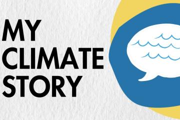 Text, "My Climate Story" next to an illustration of a speech bubble with ocean waves in it.