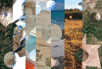 Collage excerpts of landscapes like ocean, hay fields, tographical and aerial maps