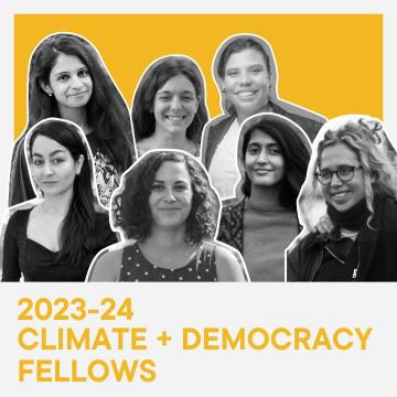 Text, "2023-24 Climate + Democracy Fellows," beneath headshots of 7 people.