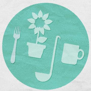 A circle with ecotopian toolkit icons relating to food; a fork, ladle, mug, and a flower.